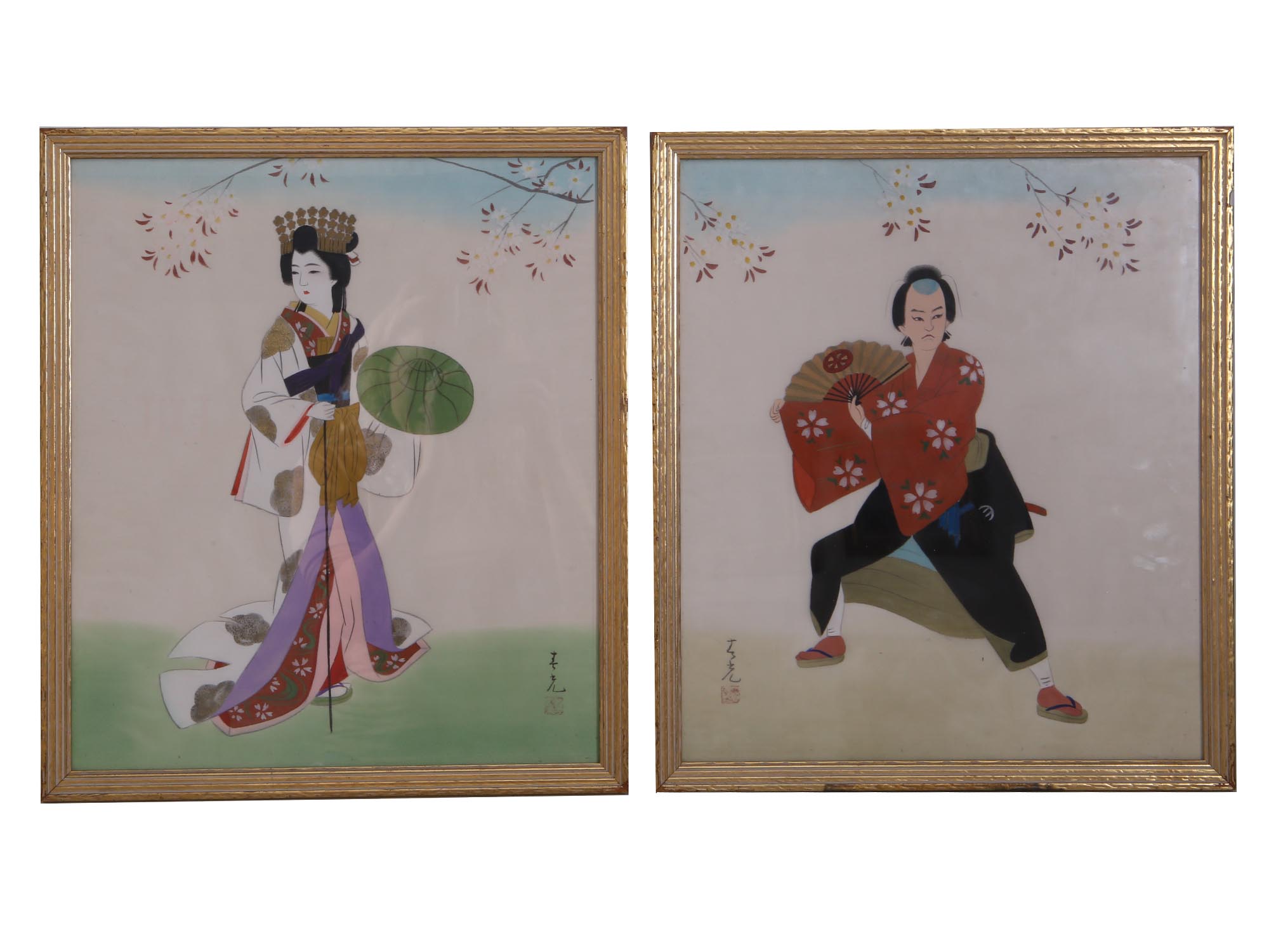 PAIR OF JAPANESE SILK PAINTINGS SIGNED AND FRAMED PIC-0